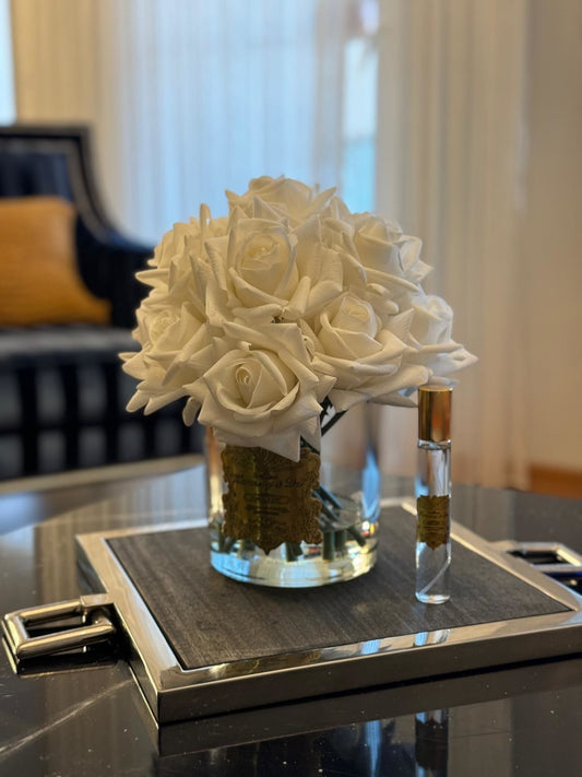 Islak Dokulu Gül 10'lu Beyaz - Şeffaf Vazo