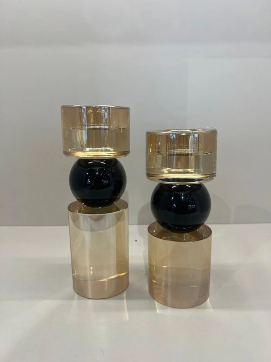 İkili Kristal İthal Mumluk Set - Bal Siyah