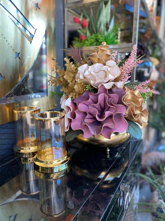 Yapay Çiçekli Gold Yassı Vazo 3 Parça Set No:3