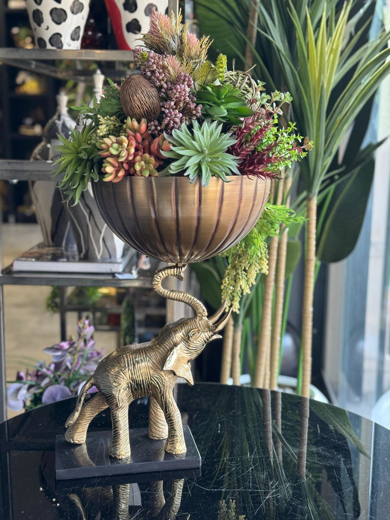 İthal Yapay Sukulentli Mermer Ayaklı Filli Vazo