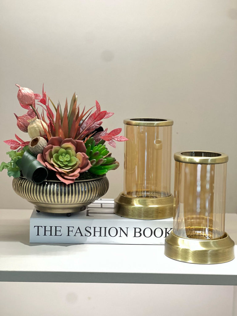 Yapay Sukulentli Vazo Ve ikili Mumluk Set Kitap Kutu Hediyeli No:3