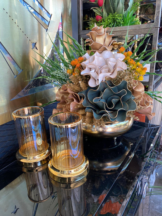 Yapay Çiçekli Gold Yassı Vazo 3 Parça Set No:2