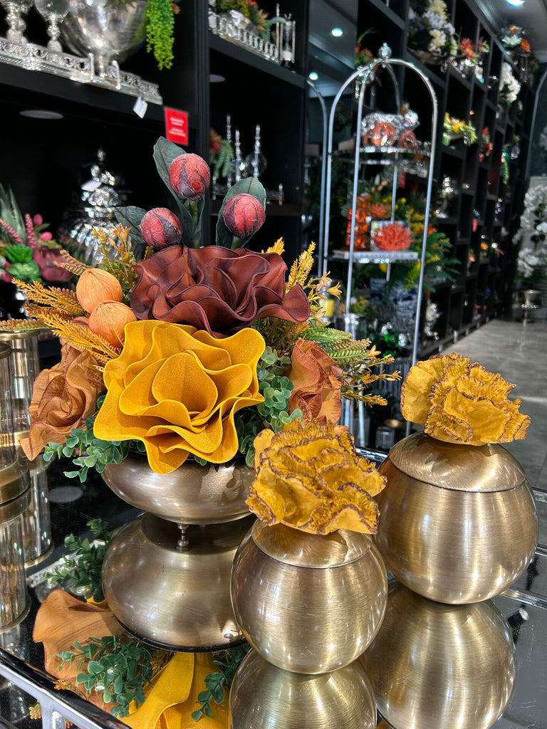 Yapay Çiçekli Antik Yassı Vazo 3 Parça Set No:16