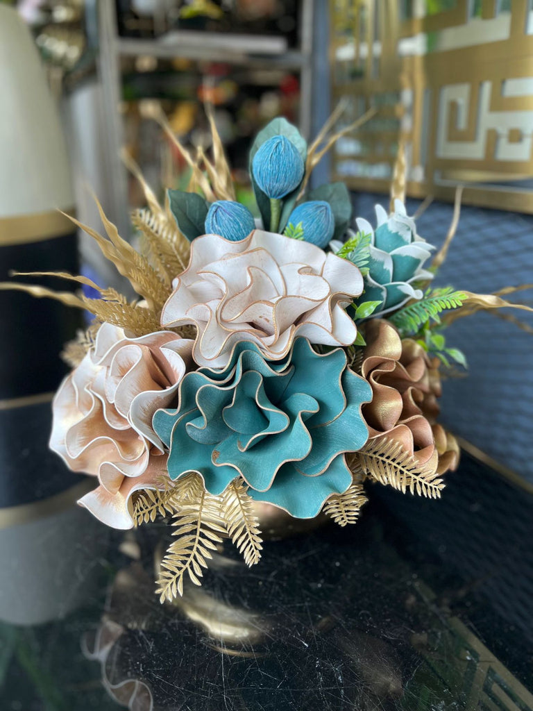 Yapay Çiçekli Gold Yassı Vazo No:25