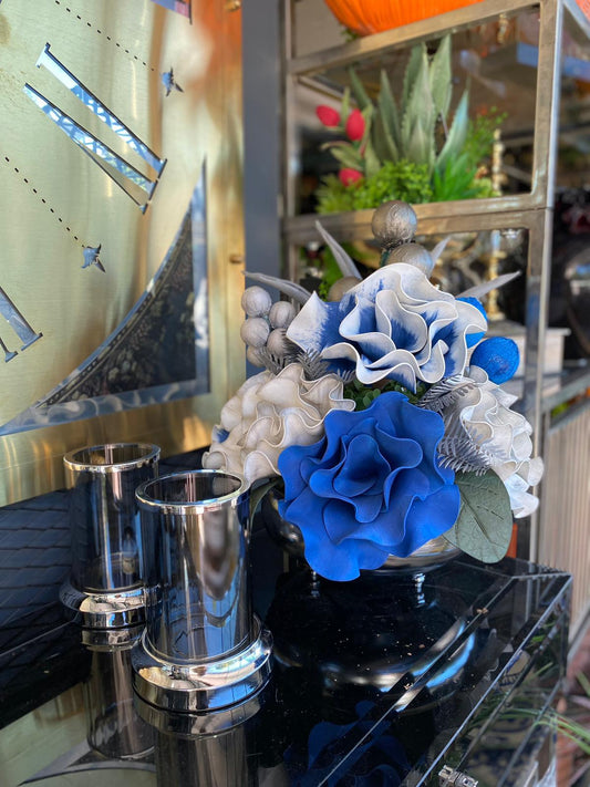 Yapay Çiçekli Gümüş Yassı Vazo 3 Parça Set No:1