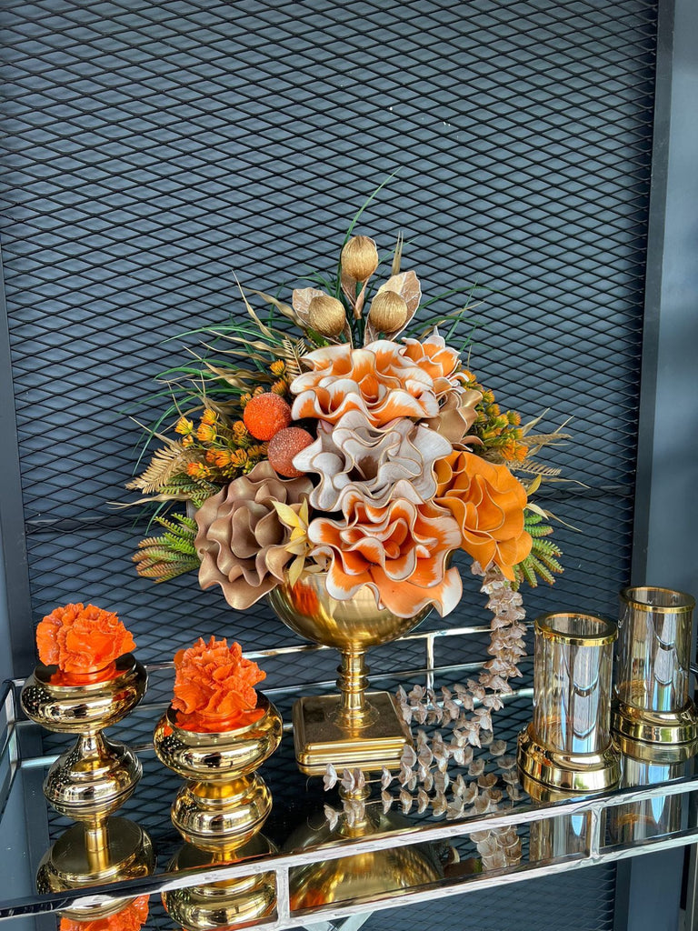 Yapay Çiçekli Gold Kare Ayak Vazo 5 Parça Set No:2