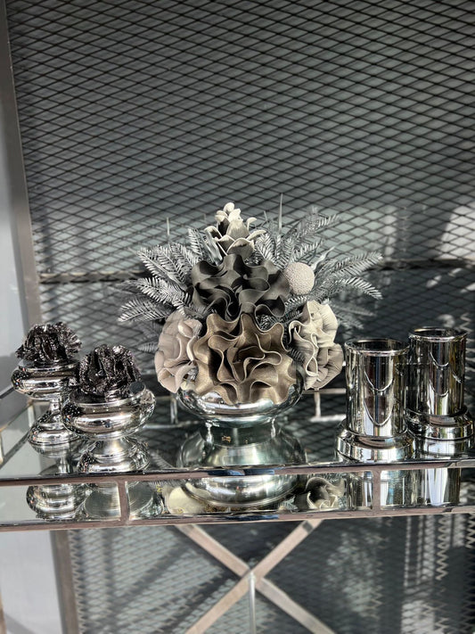 Yapay Çiçekli Gümüş Yassı Vazo 5 Parça Set No:2