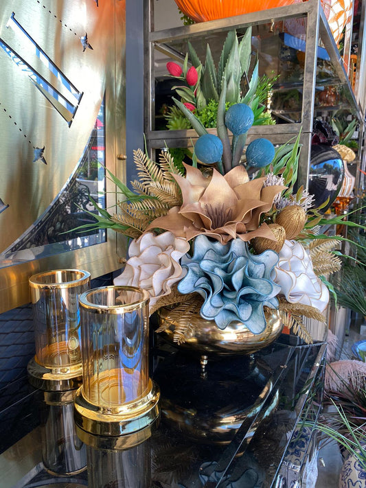 Yapay Çiçekli Gold Yassı Vazo 3 Parça Set No:1