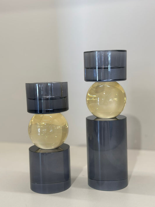 İkili Kristal İthal Mumluk Set - Füme Renk Bal Küreli