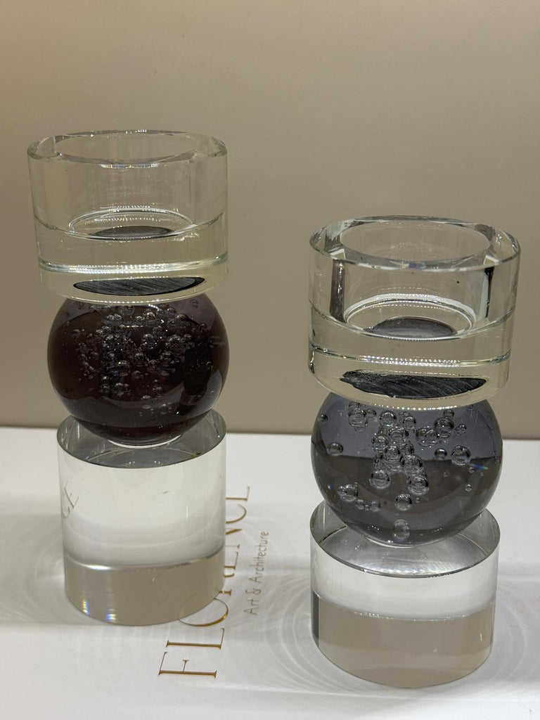 İkili Kristal İthal Mumluk Set - Şeffaf Füme Küreli