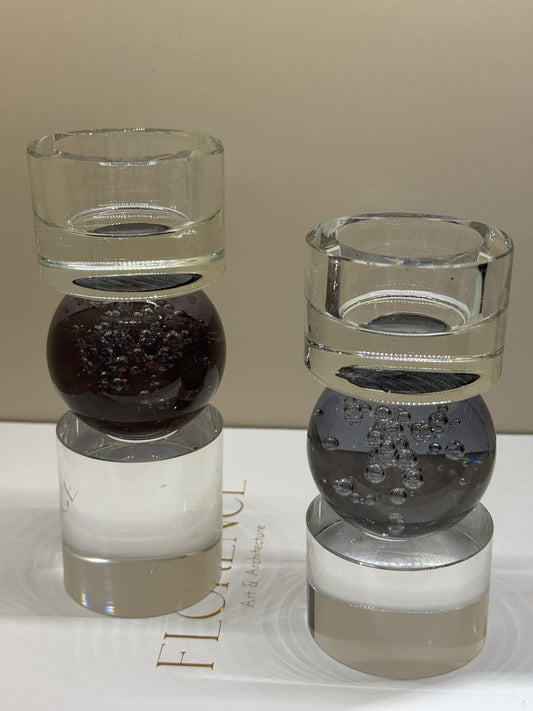 İkili Kristal İthal Mumluk Set - Şeffaf Füme Küreli