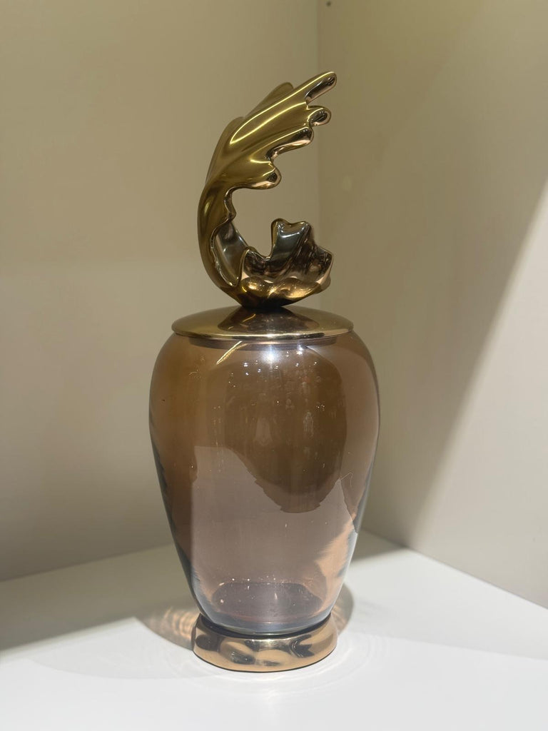 Amber Dekoratif Cam Küp ve Döküm Kapak Seti (İki Boy)