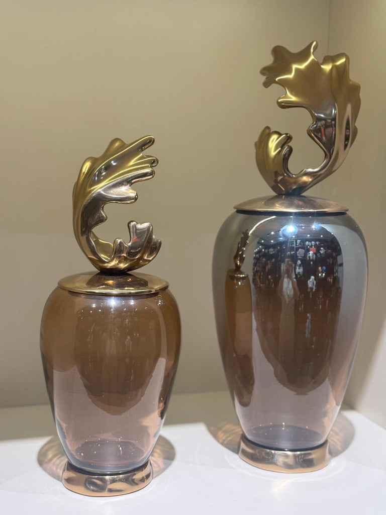 Amber Dekoratif Cam Küp ve Döküm Kapak Seti (İki Boy)