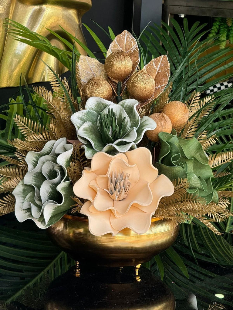 Yapay Çiçekli Gold Yassı Vazo No:28