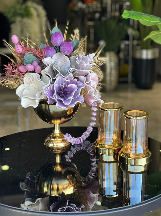 Yapay Çiçekli Gold Yuvarlak Vazo 3 Parça Set No:5