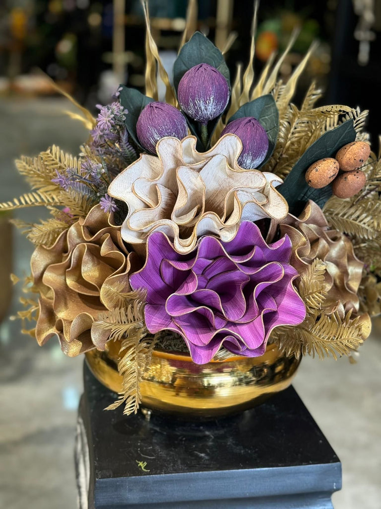 Yapay Çiçekli Gold Yassı Vazo No:30