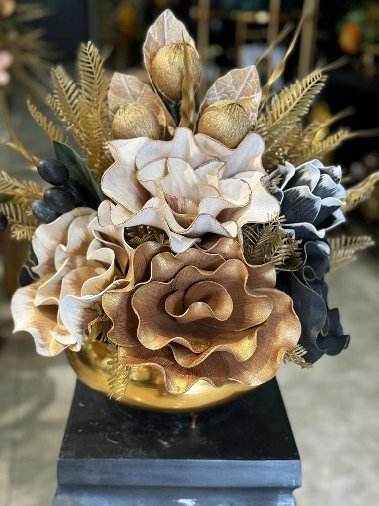 Yapay Çiçekli Gold Yassı Vazo No:31