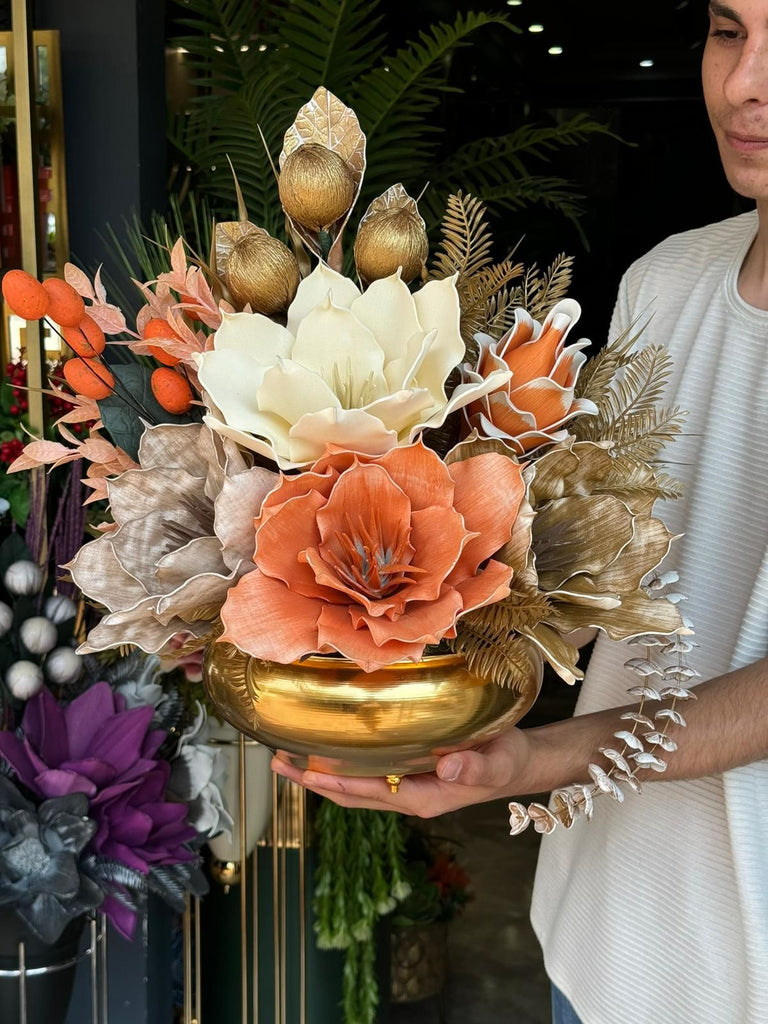 Yapay Çiçekli Gold Yassı Vazo No:27