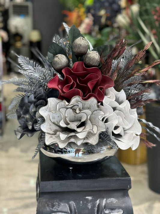 Yapay Çiçekli Gümüş Yassı Vazo No:20