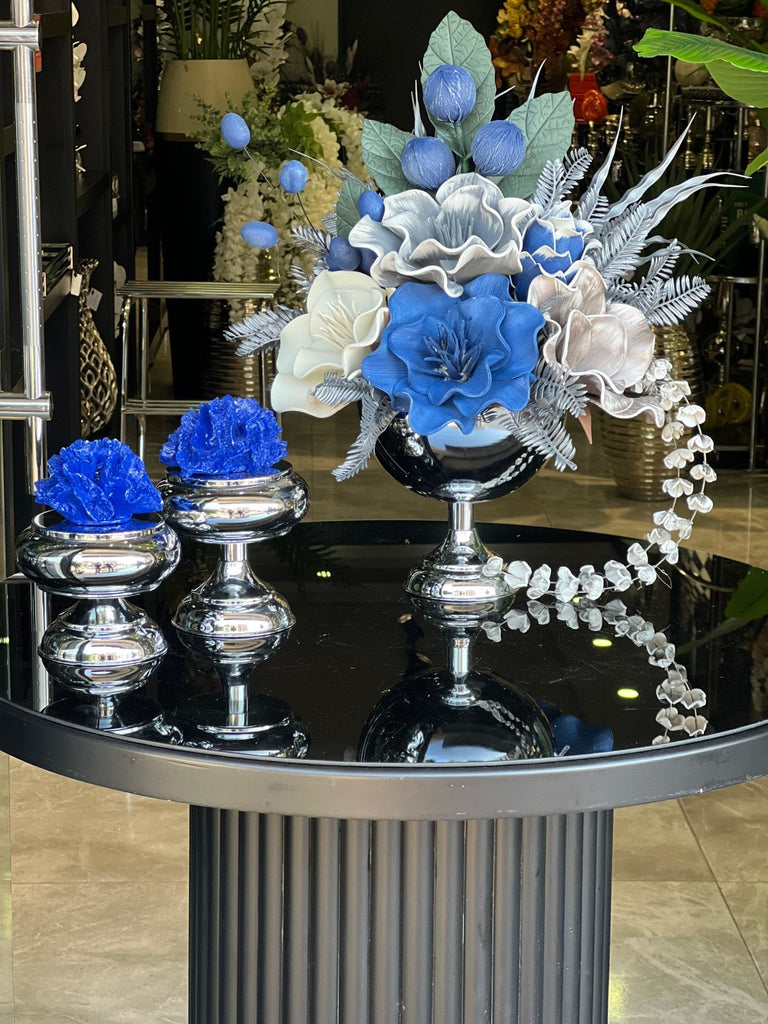 Yapay Çiçekli Gümüş Yuvarlak Vazo 3 Parça Set No:9