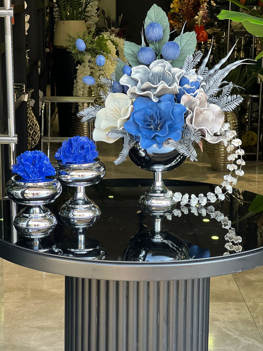 Yapay Çiçekli Gümüş Yuvarlak Vazo 3 Parça Set No:9