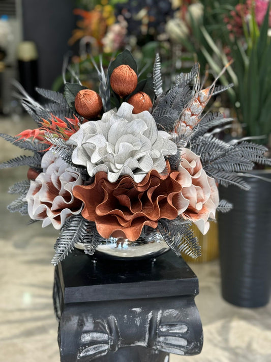 Yapay Çiçekli Gümüş Yassı Vazo No:22