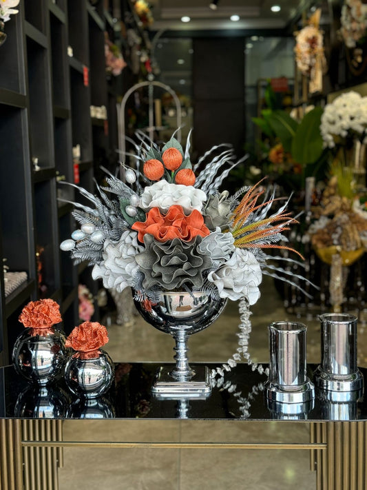 Yapay Çiçekli Gümüş Kare Ayak Vazo 5 Parça Set No:11