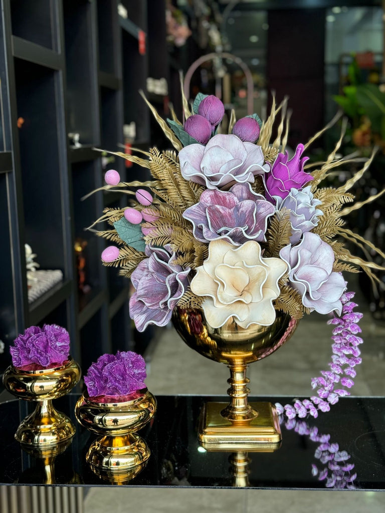 Yapay Çiçekli Gold Kare Ayak Vazo 3 Parça Set No:21