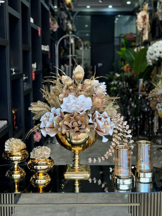 Yapay Çiçekli Gold Kare Ayak Vazo 5 Parça Set No:14