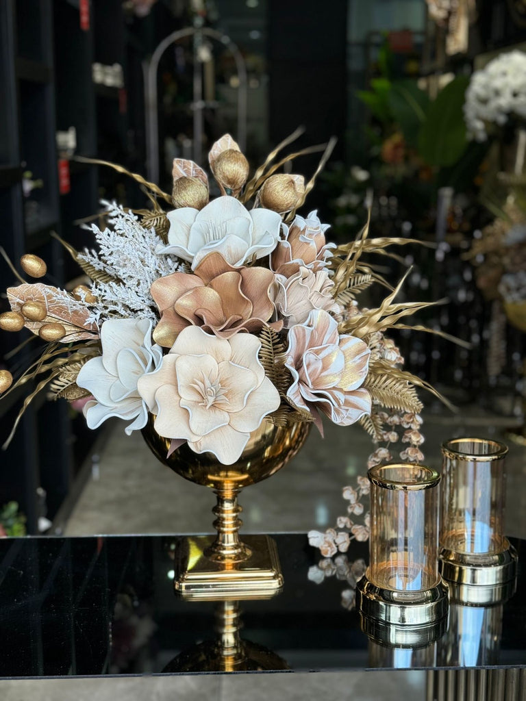 Yapay Çiçekli Gold Kare Ayak Vazo 3 Parça Set No:17