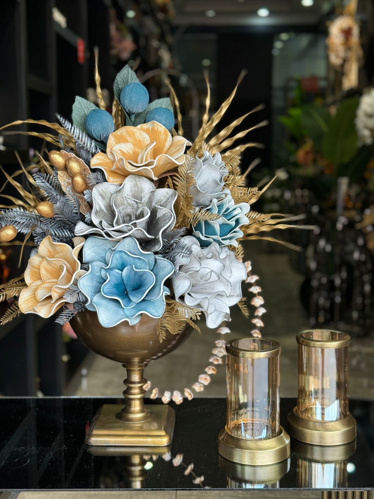 Yapay Çiçekli Antik Kare Ayak Vazo 3 Parça Set No:7