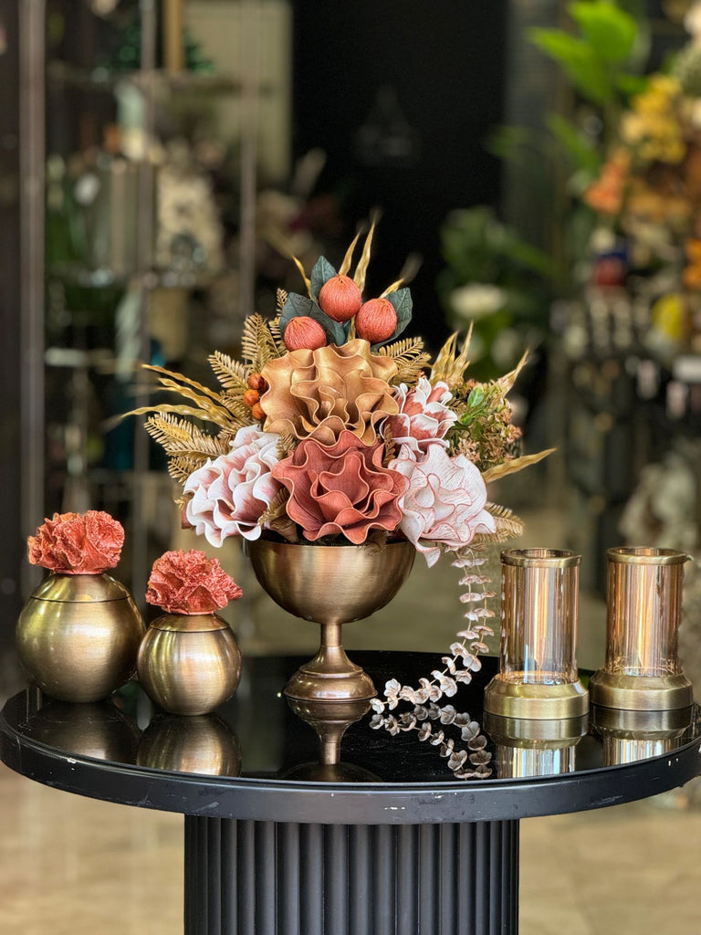 Yapay Çiçekli Antik Yuvarlak Vazo 5 Parça Set No:3