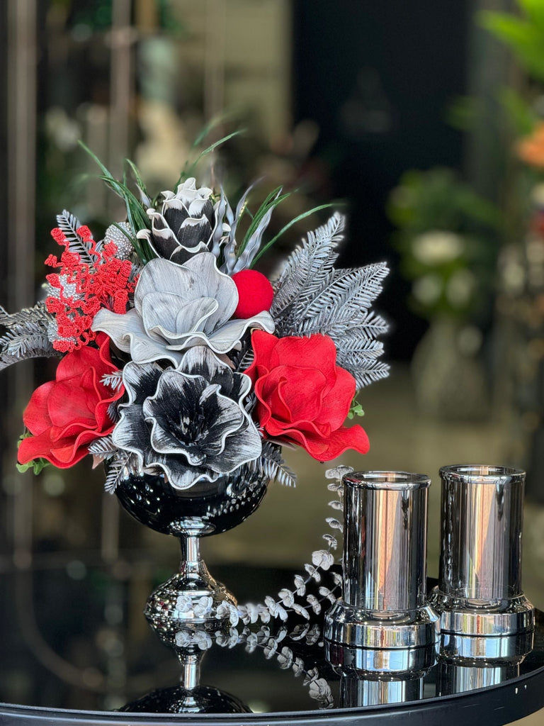 Yapay Çiçekli Gümüş Yuvarlak Vazo 3 Parça Set No:13