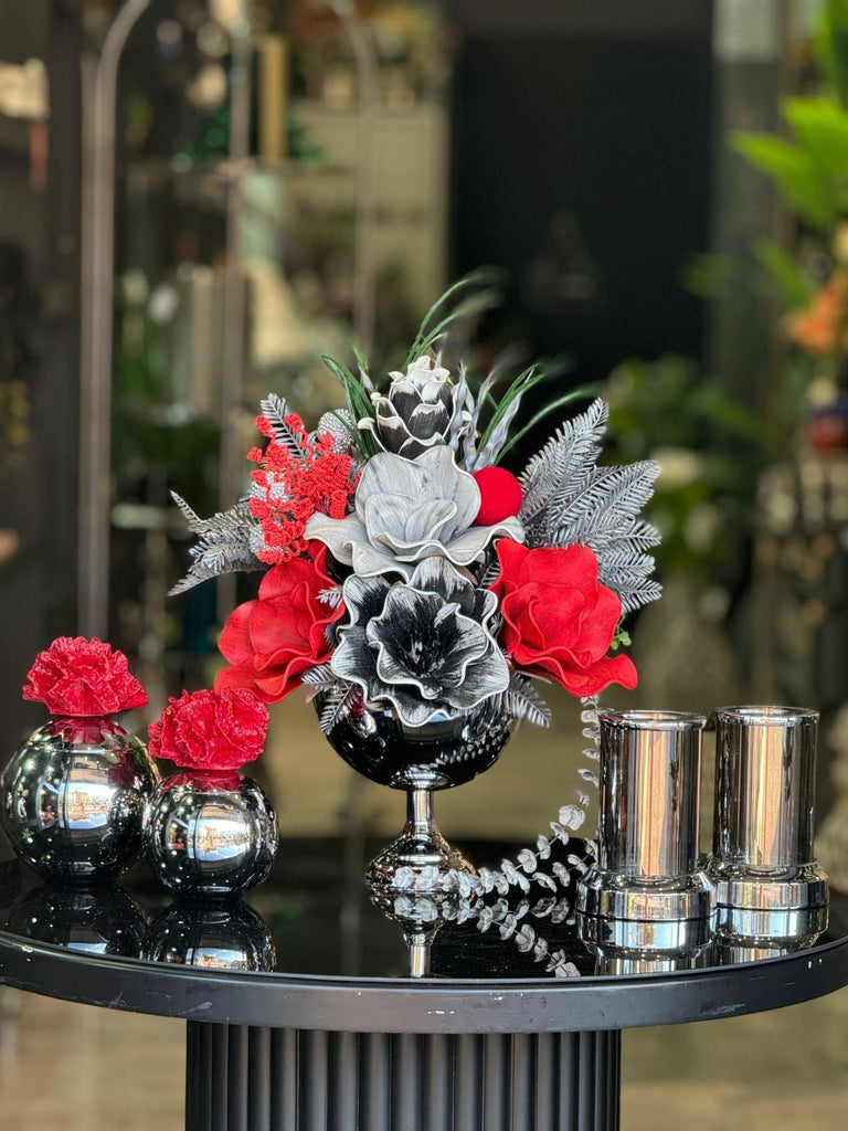 Yapay Çiçekli Gümüş Yuvarlak Vazo 5 Parça Set No:5