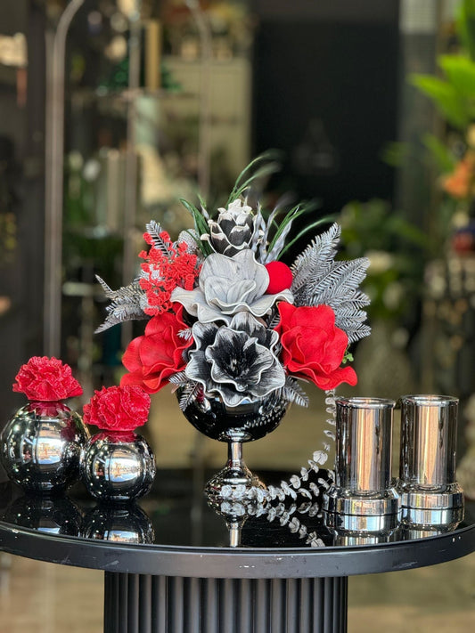 Yapay Çiçekli Gümüş Yuvarlak Vazo 5 Parça Set No:5