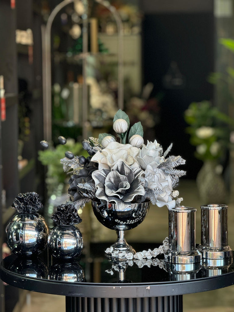 Yapay Çiçekli Gümüş Yuvarlak Vazo 5 Parça Set No:7