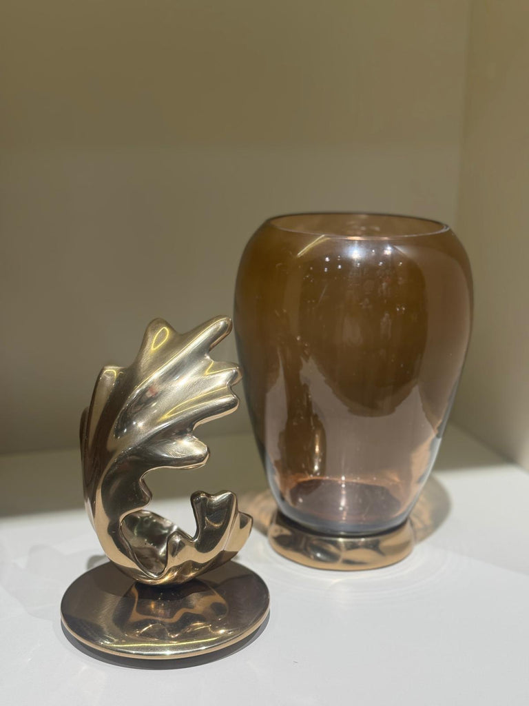 Amber Dekoratif Cam Küp ve Döküm Kapak Seti (İki Boy)