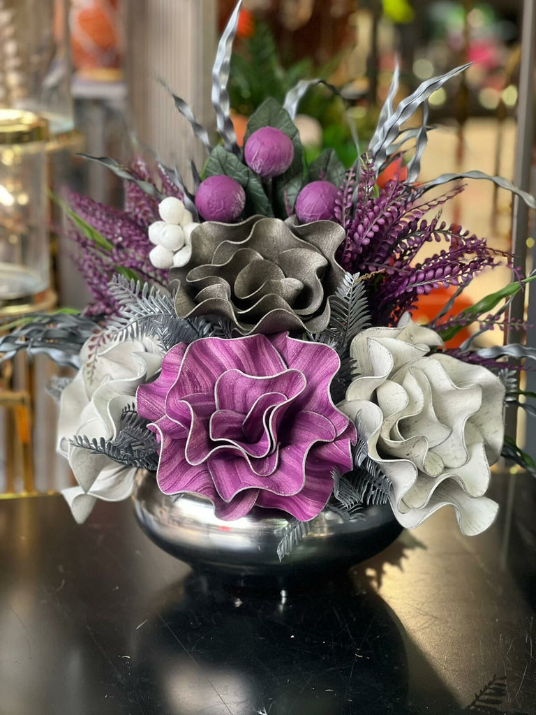 Yapay Çiçekli Gümüş Yassı Vazo No:12