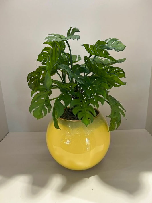 Yapay Monsteralı Cam Vazo/Sarı