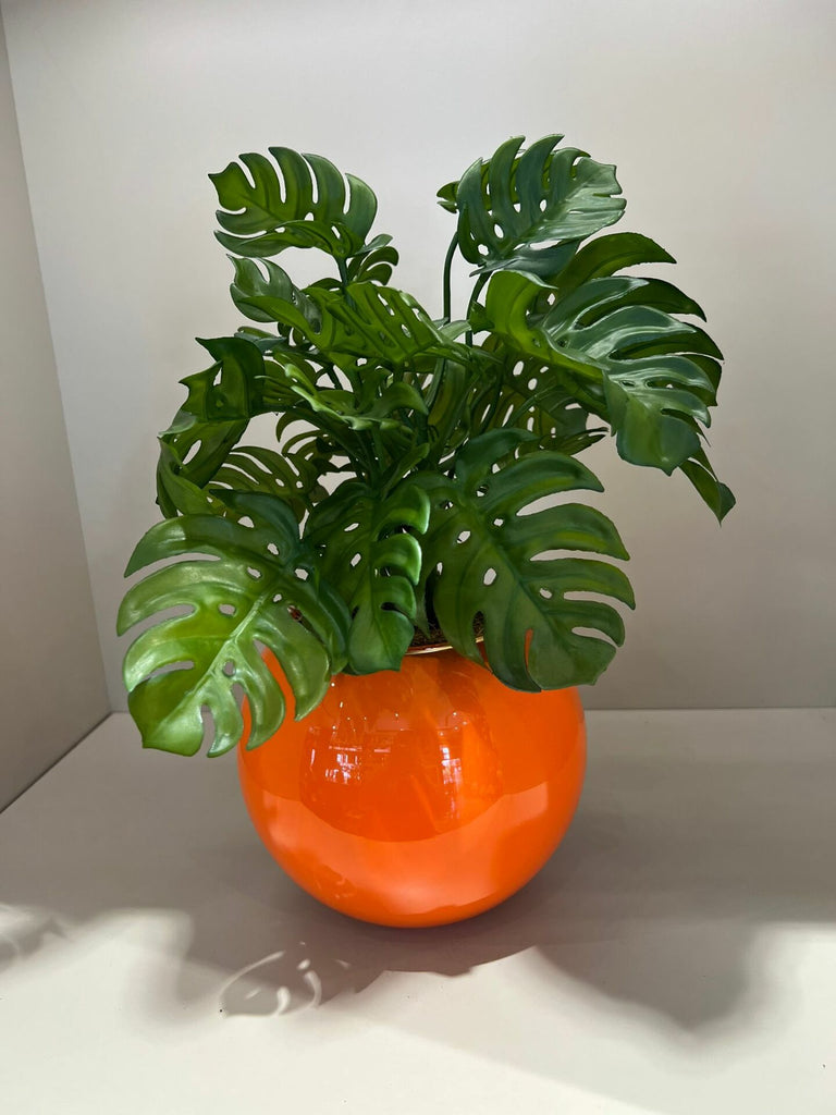 Yapay Monsteralı Cam Vazo/Turuncu