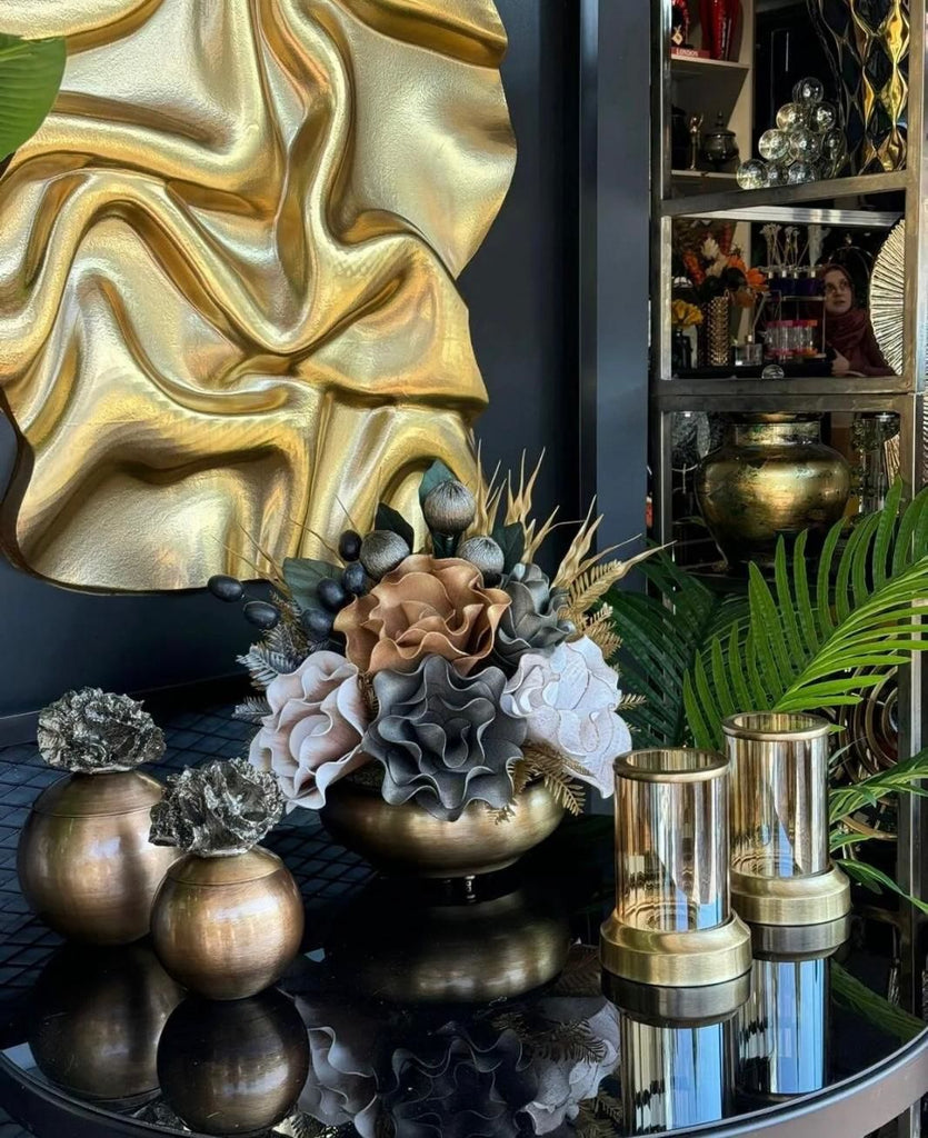 Yapay Çiçekli Antik Yassı Vazo 5 Parça Set No:9