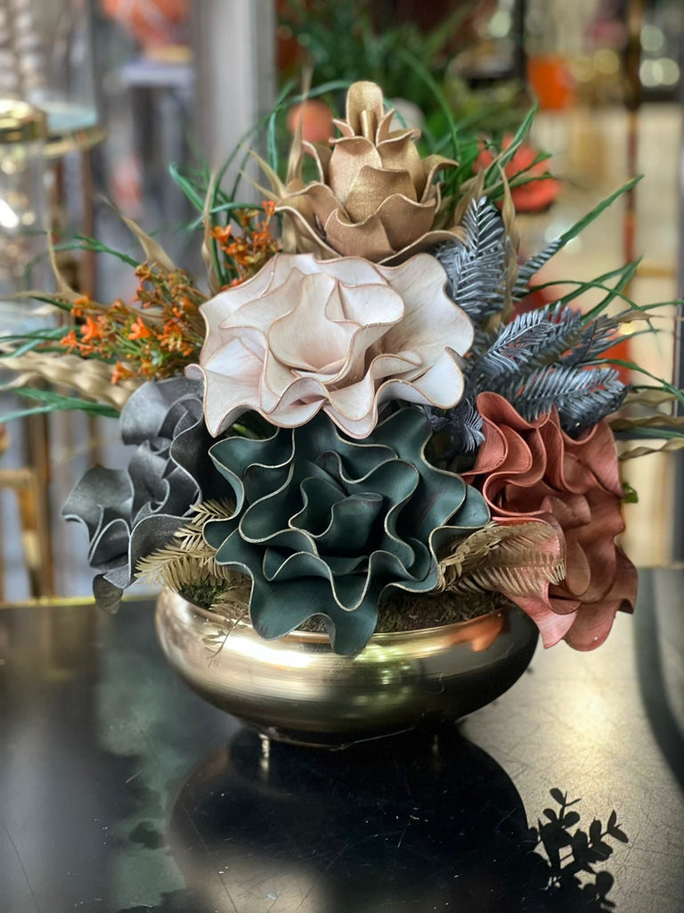 Yapay Çiçekli Gold Yassı Vazo No:21