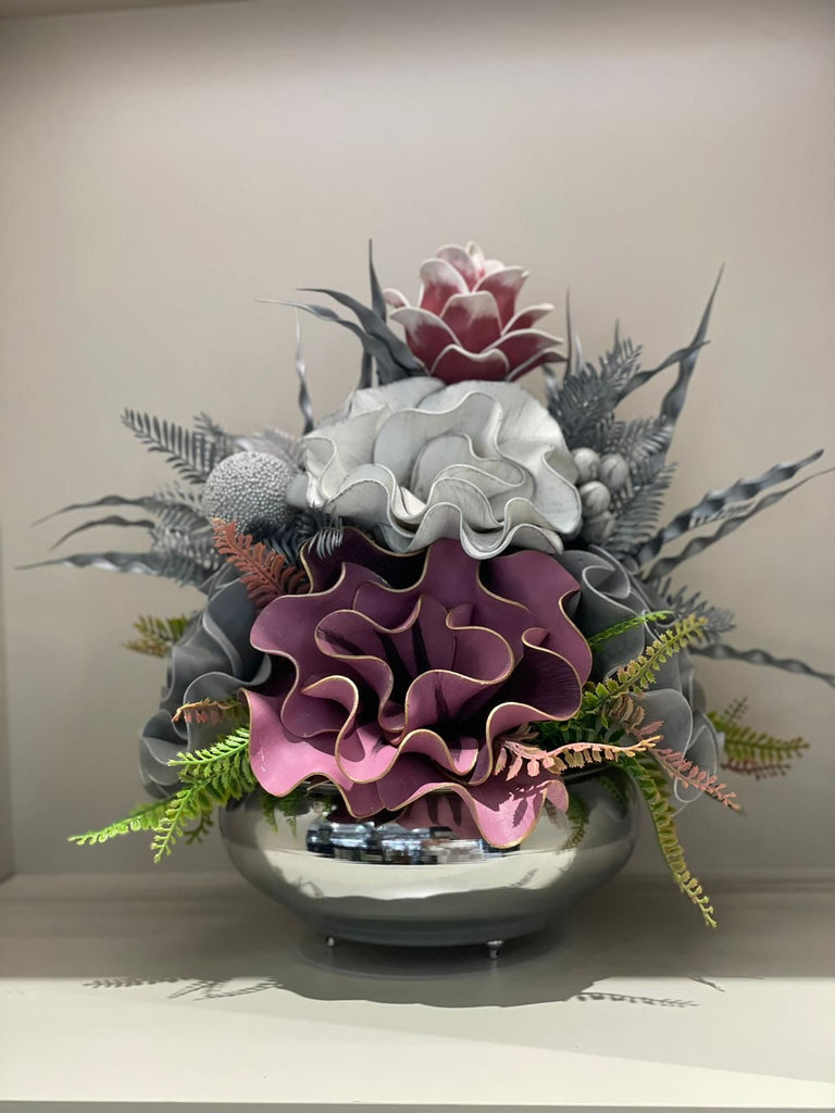 Yapay Çiçekli Gümüş Yassı Vazo No:14