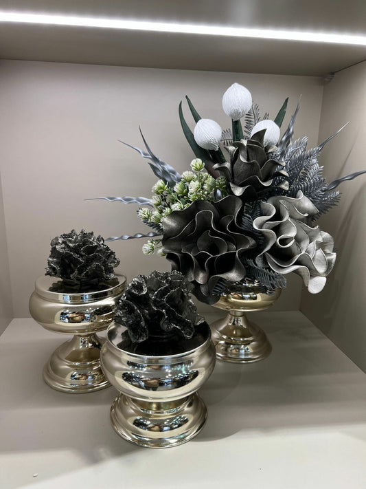 Yapay Çiçekli Gümüş 3 Parça Set No:1