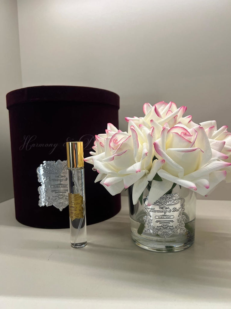 Islak Dokulu Gül 7'li Pembe Beyaz - Şeffaf Vazo