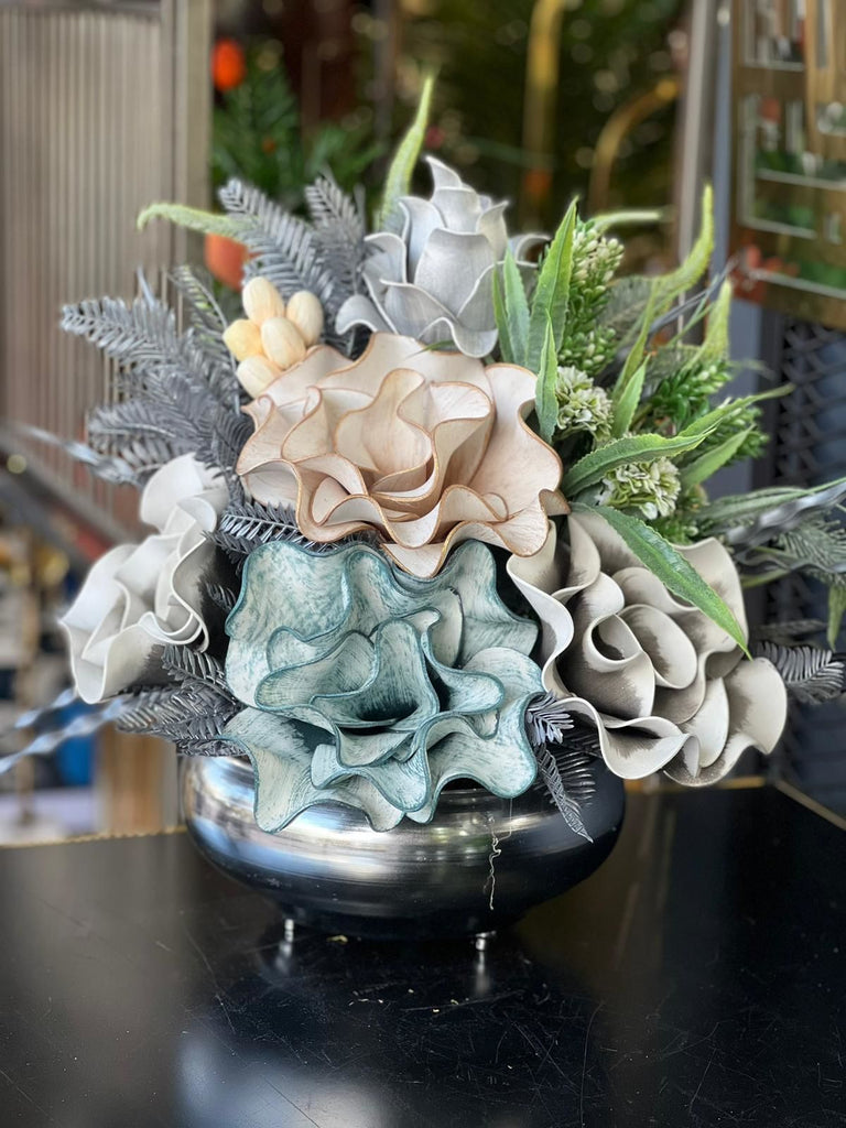 Yapay Çiçekli Gümüş Yassı Vazo No:13