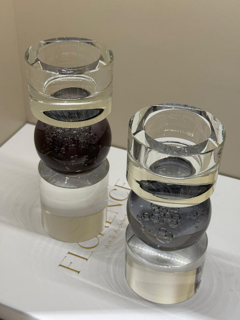 İkili Kristal İthal Mumluk Set - Şeffaf Füme Küreli