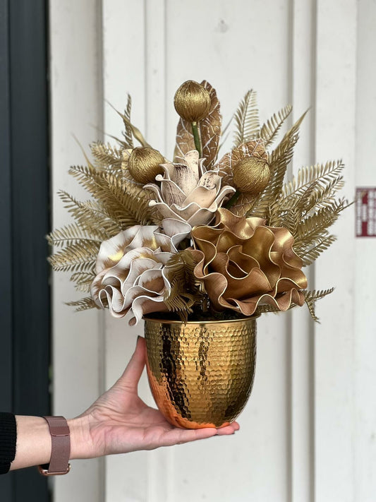 Yapay Çiçekli Dövme Vazo /Gold