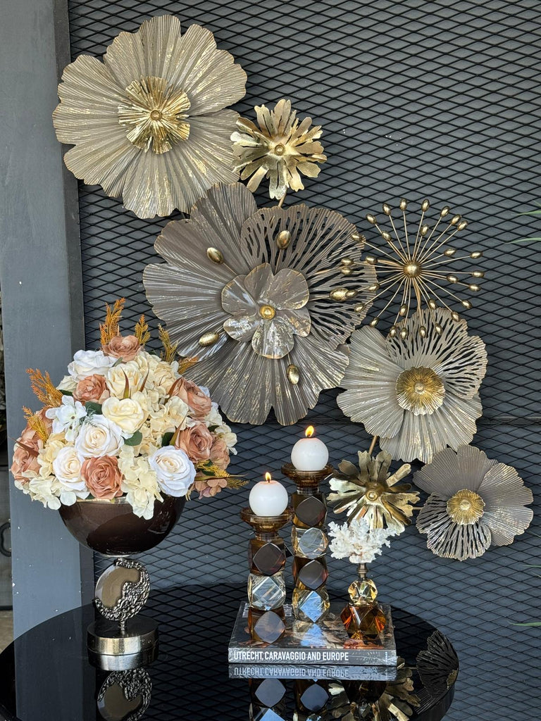 İthal Metal Tablo Çiçek Motif Vizon Gold