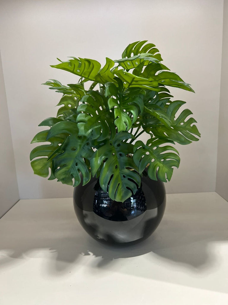 Yapay Monsteralı Cam Vazo/Siyah